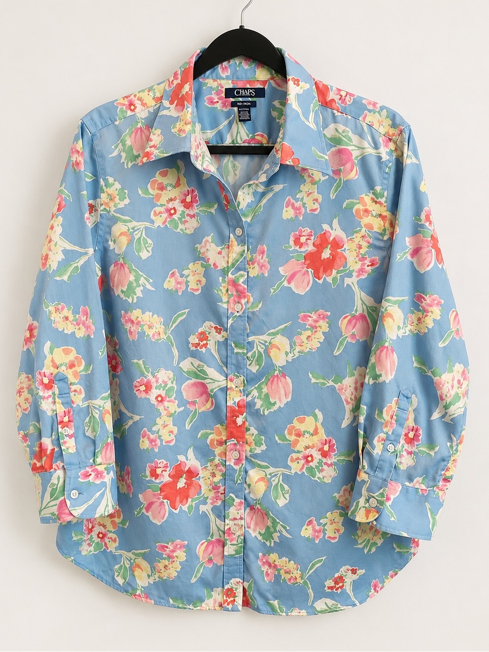 CHAPS No Iron Floral Button-Up Shirt XL Blue 100% Cotton Long Sleeve